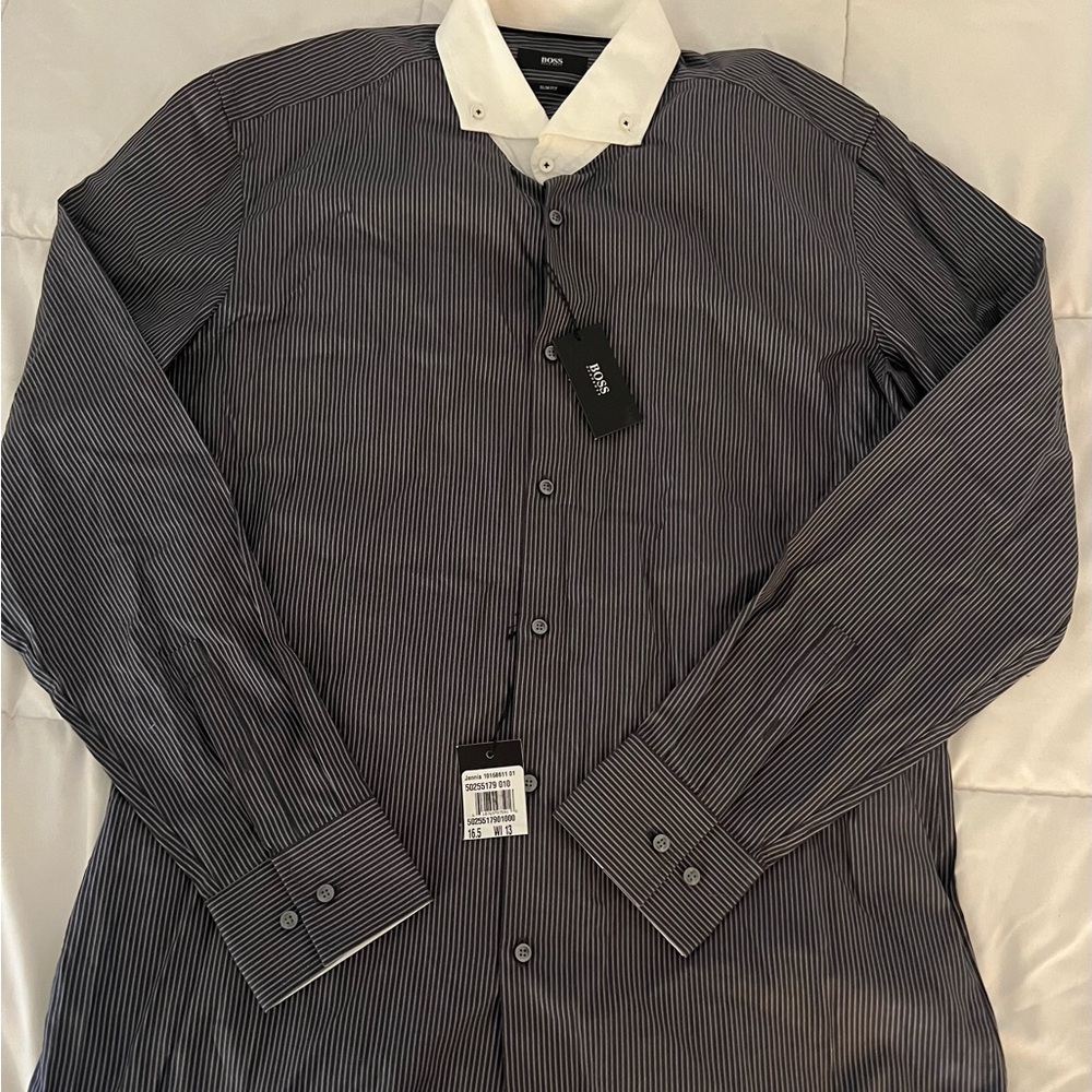 Hugo Boss Men's Black and White Striped Shirt
